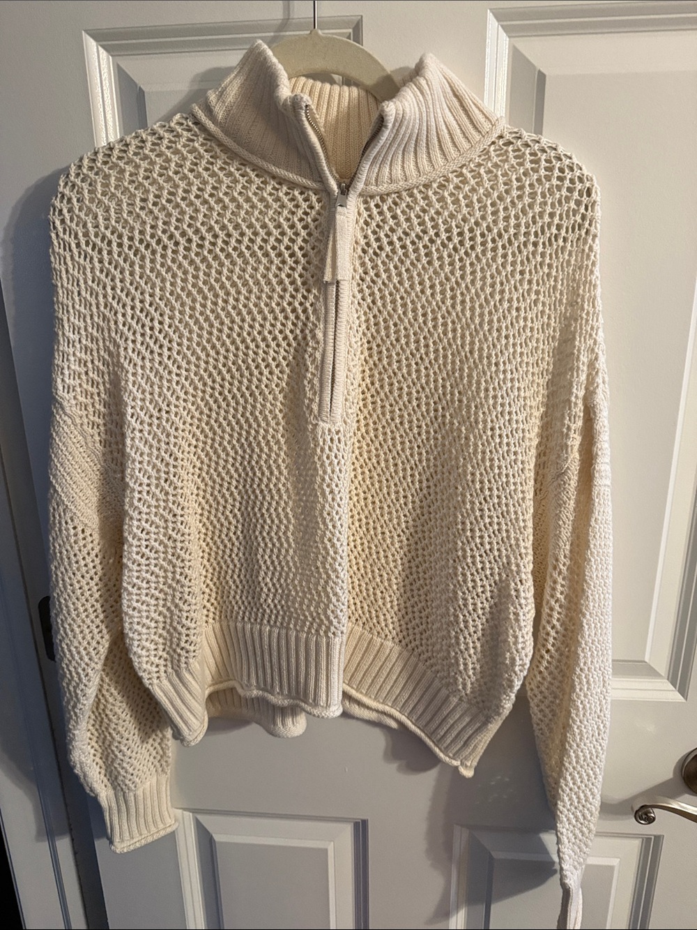 aerie Cream Open-Knit Half-Zip Turtleneck Sweater